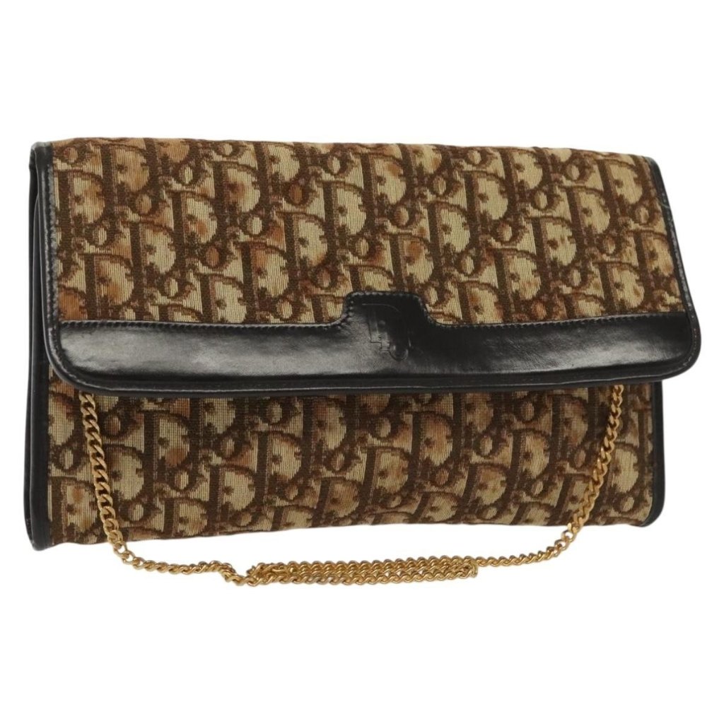 Authentic Christian Dior Trotter Canvas Chain Shoulder Bag Brown Gold